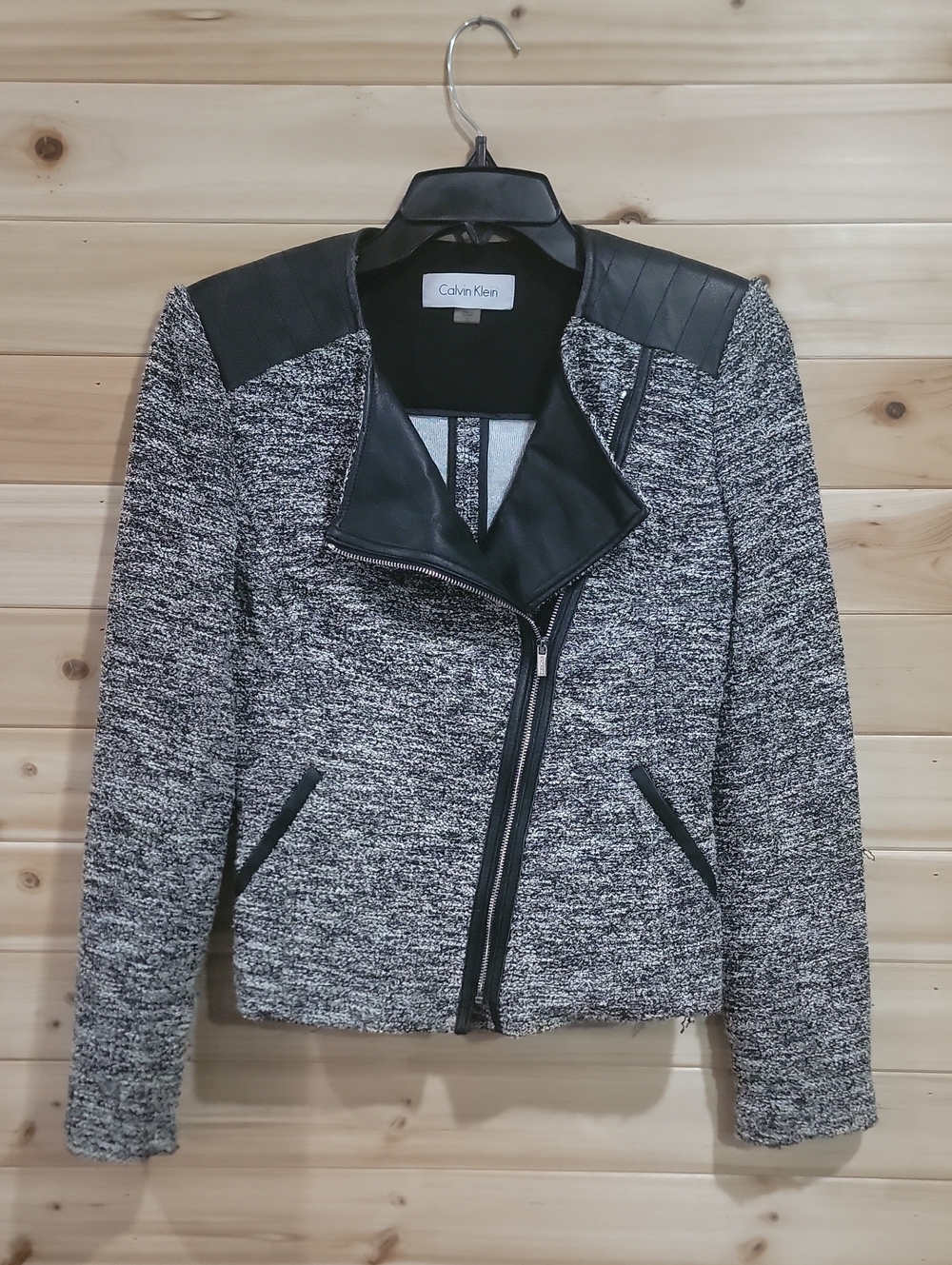 Calvin Klein Black & White Tweed Moto-Style Jacket